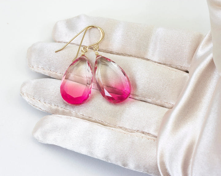 Watermelon Bicolor Simulated Tourmaline Earrings Faceted Large Fat Bi Color Teardrop Pink Sterling Silver or 14k Gold or Filled Drops - Spyglass Designs