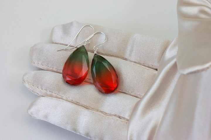 Watermelon Bicolor Simulated Tourmaline Earrings Faceted Large Bi Color Teardrop Dark Green Pink Sterling Silver 14k Gold or Filled Drops - Spyglass Designs