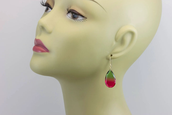 Watermelon Bicolor Simulated Tourmaline Earrings Faceted Large Bi Color Teardrop Dark Green Hot Pink Sterling Silver 14k Gold or Filled - Spyglass Designs
