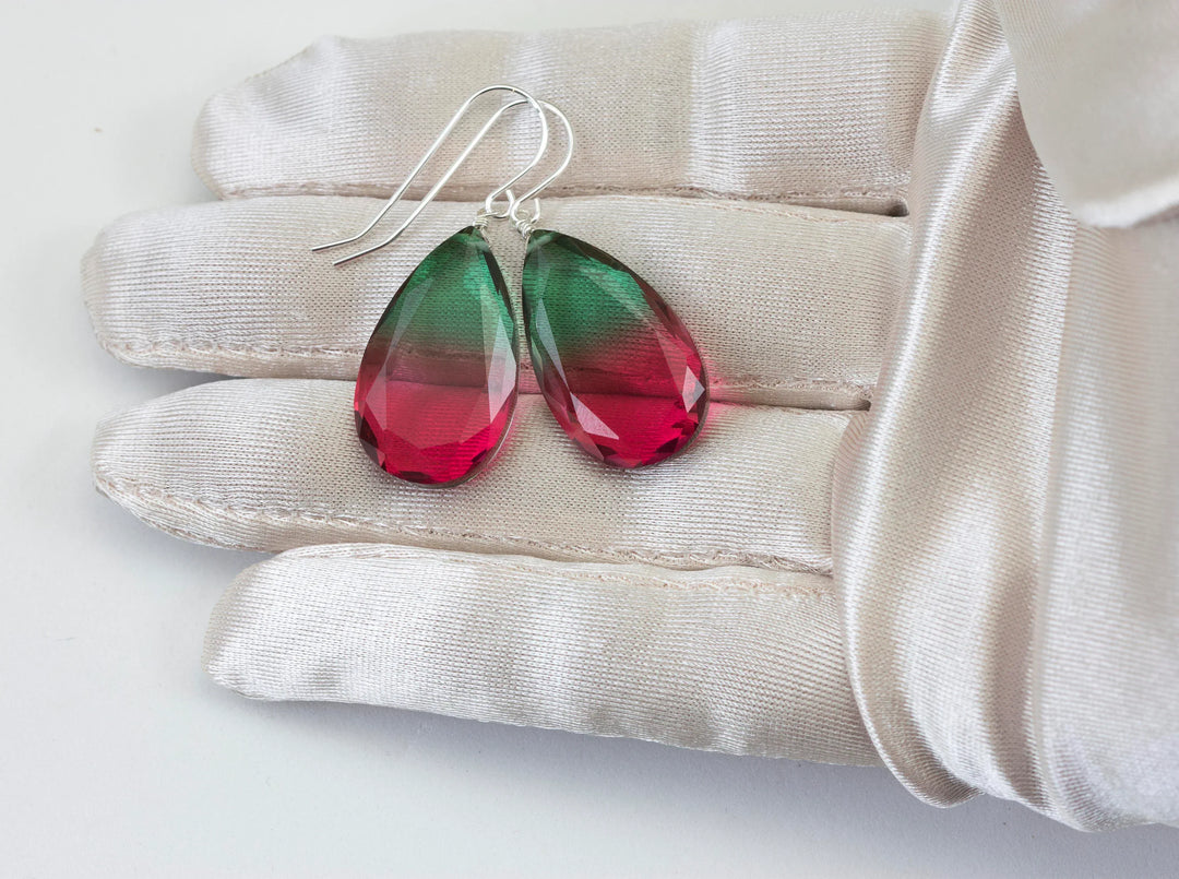 Watermelon Bicolor Simulated Tourmaline Earrings Faceted Large Bi Color Teardrop Dark Green Hot Pink Sterling Silver 14k Gold or Filled - Spyglass Designs