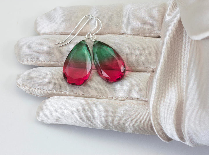 Watermelon Bicolor Simulated Tourmaline Earrings Faceted Large Bi Color Teardrop Dark Green Hot Pink Sterling Silver 14k Gold or Filled - Spyglass Designs