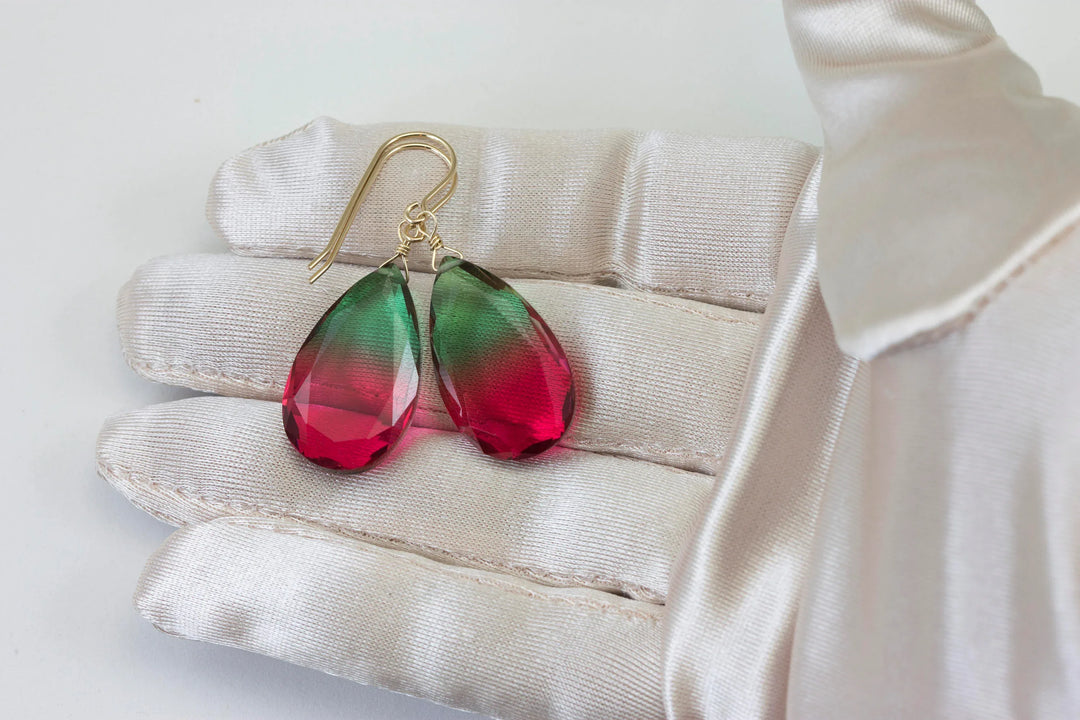 Watermelon Bicolor Simulated Tourmaline Earrings Faceted Large Bi Color Teardrop Dark Green Hot Pink Sterling Silver 14k Gold or Filled - Spyglass Designs
