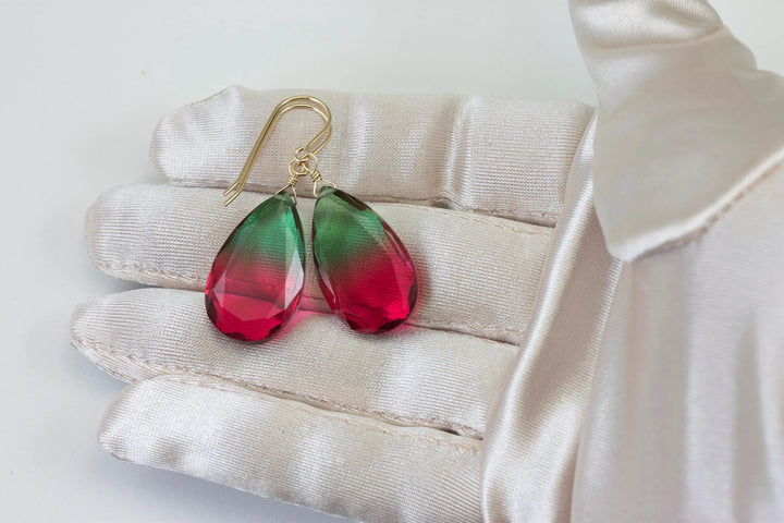 Watermelon Bicolor Simulated Tourmaline Earrings Faceted Large Bi Color Teardrop Dark Green Hot Pink Sterling Silver 14k Gold or Filled - Spyglass Designs
