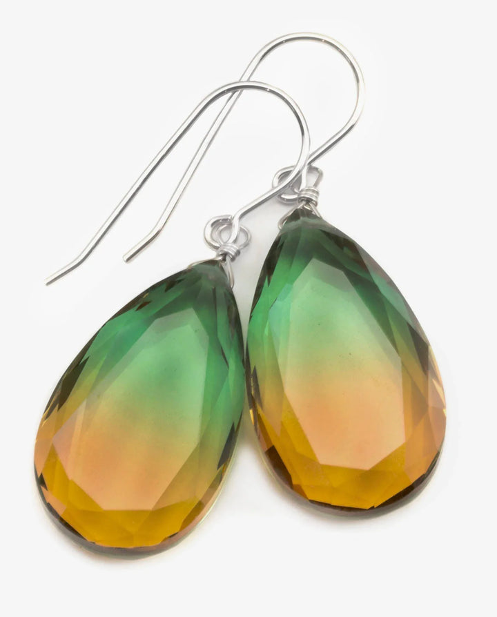 Watermelon Bicolor Simulated Tourmaline Earrings Facet Large Bi Color Teardrop Green Honey Yellow Amber Sterling Silver 14k Gold or Filled - Spyglass Designs