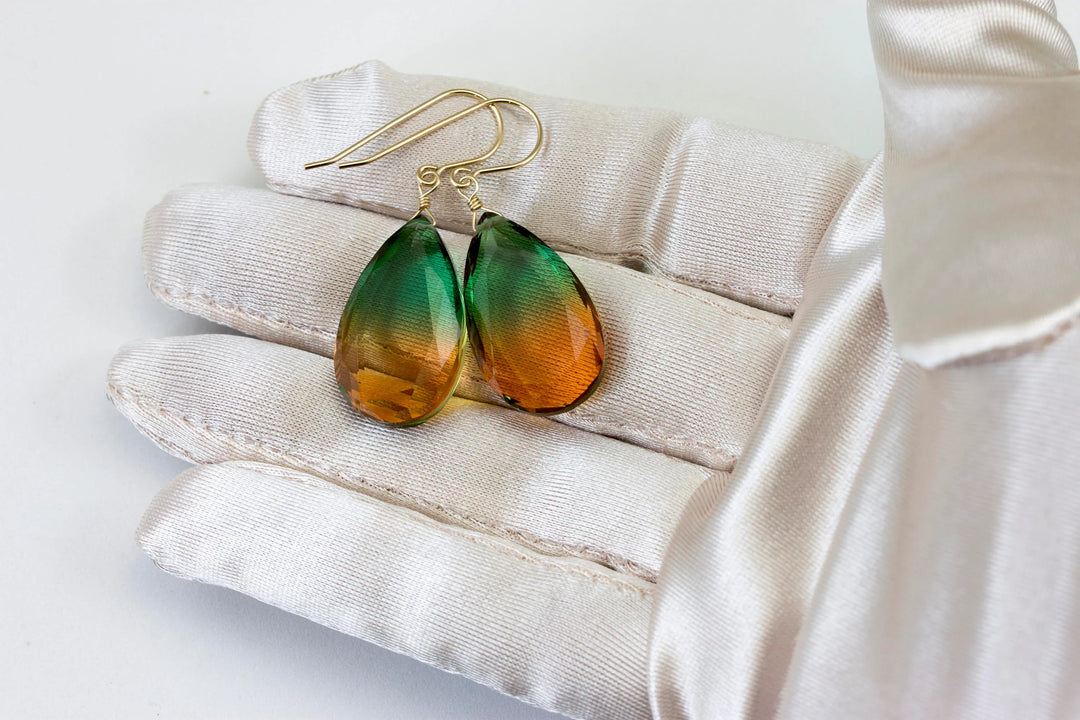 Watermelon Bicolor Simulated Tourmaline Earrings Facet Large Bi Color Teardrop Green Honey Yellow Amber Sterling Silver 14k Gold or Filled - Spyglass Designs