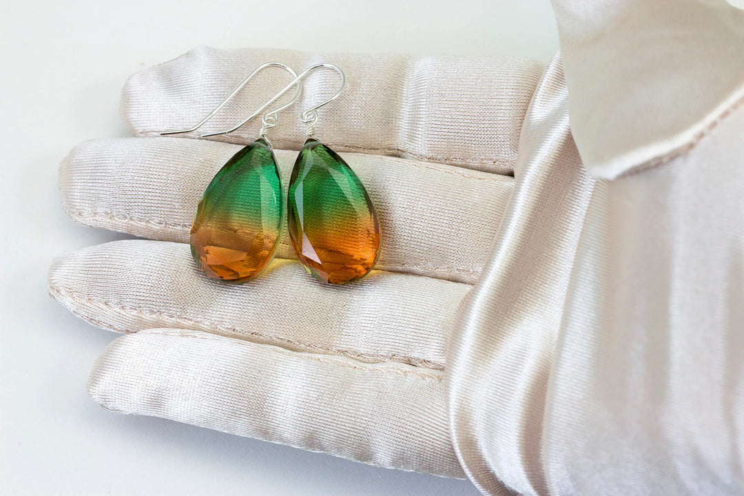 Watermelon Bicolor Simulated Tourmaline Earrings Facet Large Bi Color Teardrop Green Honey Yellow Amber Sterling Silver 14k Gold or Filled - Spyglass Designs