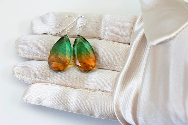 Watermelon Bicolor Simulated Tourmaline Earrings Facet Large Bi Color Teardrop Green Honey Yellow Amber Sterling Silver 14k Gold or Filled - Spyglass Designs