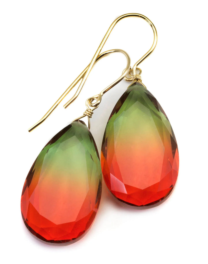 Watermelon Bicolor Simulated Tourmaline Earrings Faceted Large Bi Color Teardrop Green Yellow Pink Sterling Silver 14k Gold or Filled - Spyglass Designs