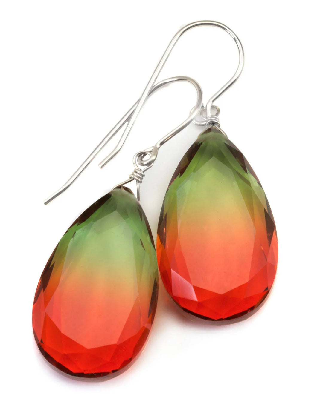 Watermelon Bicolor Simulated Tourmaline Earrings Faceted Large Bi Color Teardrop Green Yellow Pink Sterling Silver 14k Gold or Filled - Spyglass Designs
