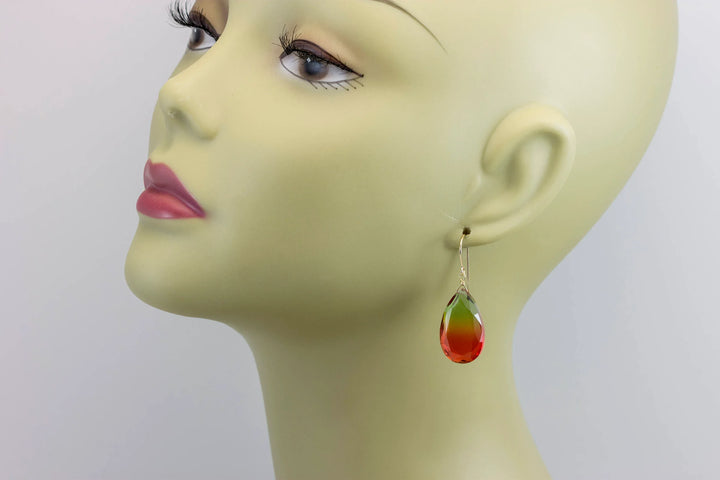 Watermelon Bicolor Simulated Tourmaline Earrings Faceted Large Bi Color Teardrop Green Yellow Pink Sterling Silver 14k Gold or Filled - Spyglass Designs