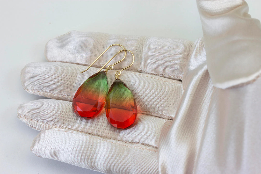 Watermelon Bicolor Simulated Tourmaline Earrings Faceted Large Bi Color Teardrop Green Yellow Pink Sterling Silver 14k Gold or Filled - Spyglass Designs
