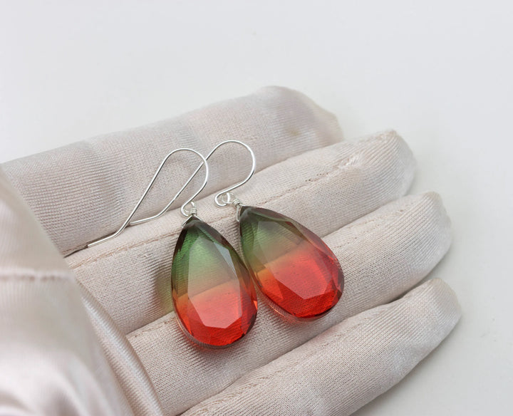 Watermelon Bicolor Simulated Tourmaline Earrings Faceted Large Bi Color Teardrop Green Yellow Pink Sterling Silver 14k Gold or Filled - Spyglass Designs