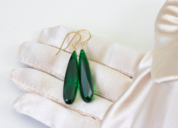 Green simulated Emerald Earrings Faceted Large Long Dangle 14k Gold or Filled or Sterling Silver Classic Simple Clean 2 Inch Drops