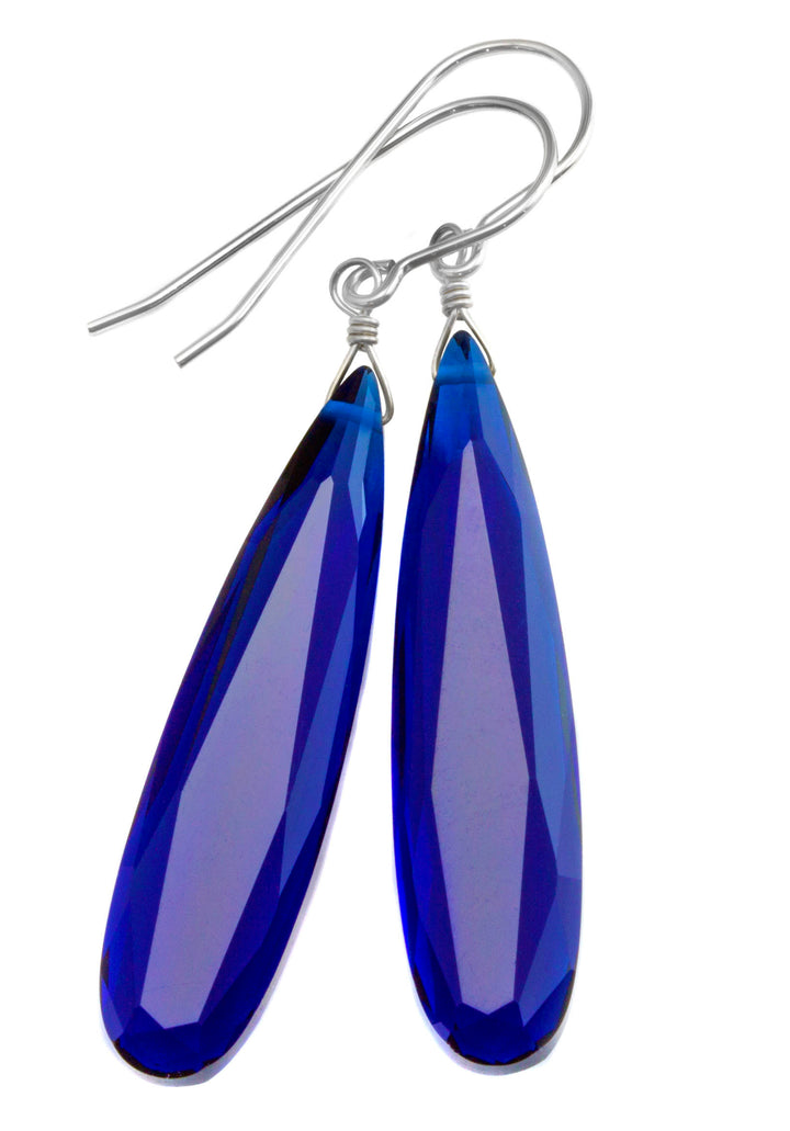 Kashmir blue simulated Sapphire Earrings Faceted Large Long Dangle 14k Gold or Filled or Sterling Silver Classic Simple Clean 2 Inch Drops
