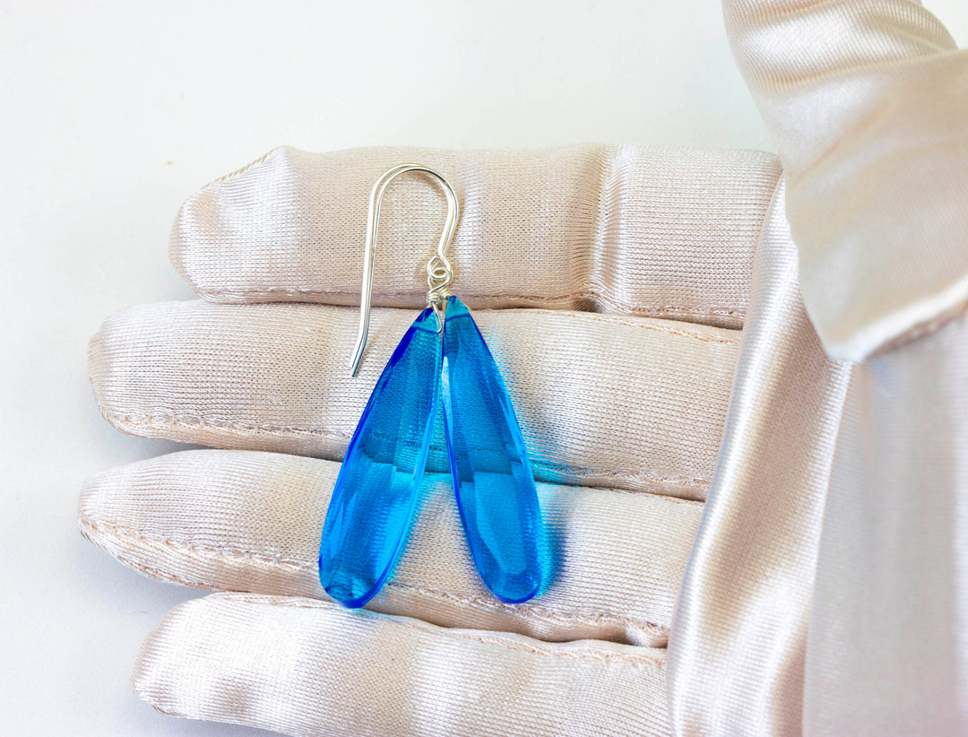 Neon blue simulated Apatite Earrings Faceted Large Long Dangle 14k Gold or Filled or Sterling Silver Classic Simple Clean 2 Inch Drops