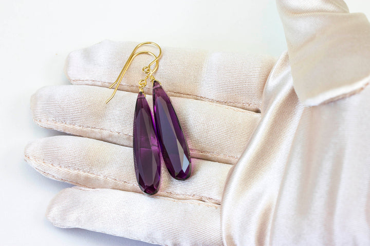 Deep Purple simulated Amethyst Earrings Facet Large Long Dangle 14k Gold or Filled or Sterling Silver Classic Simple Clean 2 Inch Drops