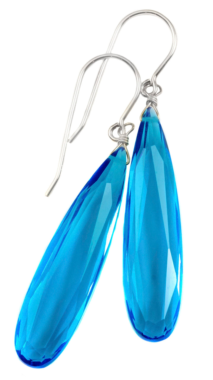 Swiss Blue simulated Topaz Earrings Facet Large Long Dangle 14k Gold or Filled or Sterling Silver Classic Simple Clean 2 Inch Drops