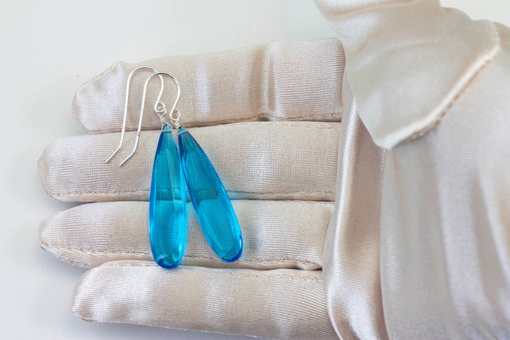 Swiss Blue simulated Topaz Earrings Facet Large Long Dangle 14k Gold or Filled or Sterling Silver Classic Simple Clean 2 Inch Drops