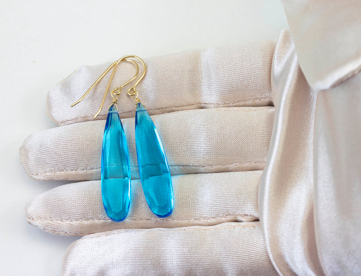Swiss Blue simulated Topaz Earrings Facet Large Long Dangle 14k Gold or Filled or Sterling Silver Classic Simple Clean 2 Inch Drops