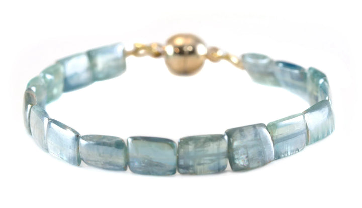 Kyanite Bracelet Yellow 14k Gold Plate or Silver Silvery Blue Very Rare Rectangle Cut and Color 7" Iridescent Unique Color - Spyglass Designs