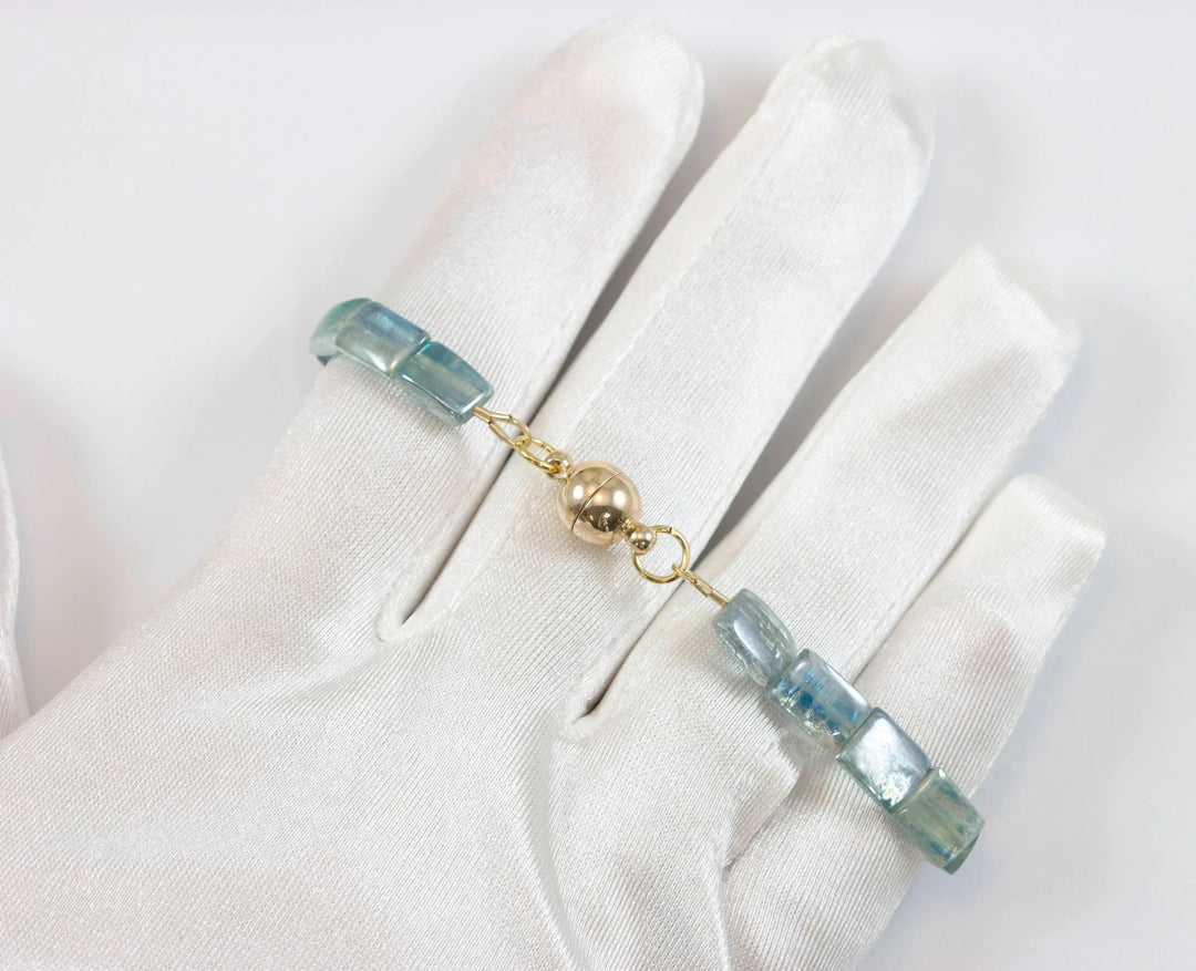 Kyanite Bracelet Yellow 14k Gold Plate or Silver Silvery Blue Very Rare Rectangle Cut and Color 7" Iridescent Unique Color - Spyglass Designs
