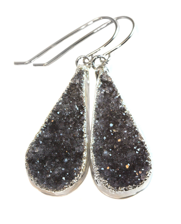 Drusy Earrings Black Gray Long Large  Druzy Teardrop 14k Solid Gold or Filled or Sterling Silver  Electroplated Natural Quartz Earthy Drops