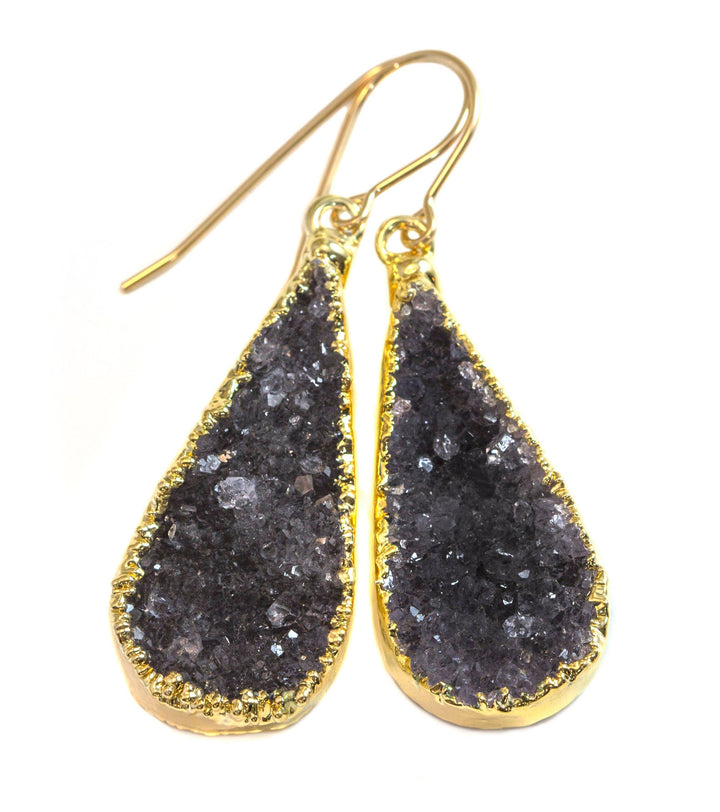 Drusy Earrings Black Gray Long Large  Druzy Teardrop 14k Solid Gold or Filled or Sterling Silver  Electroplated Natural Quartz Earthy Drops