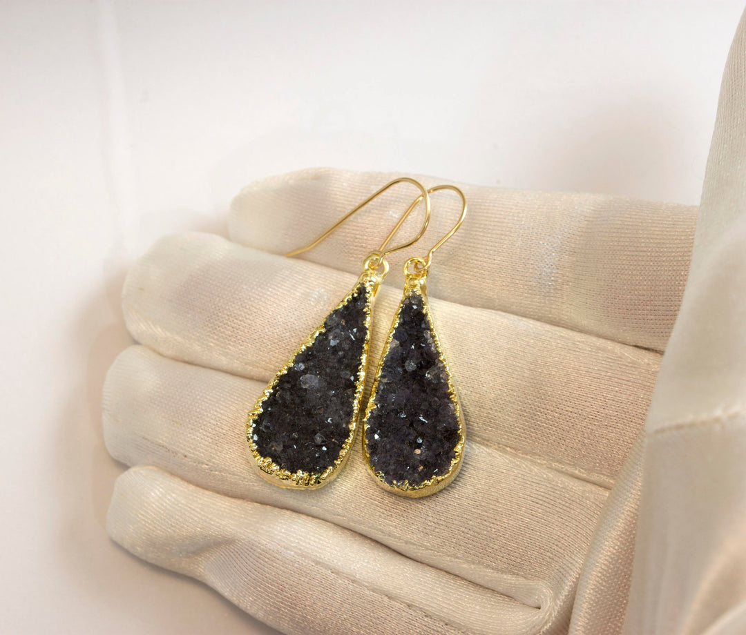 Drusy Earrings Black Gray Long Large  Druzy Teardrop 14k Solid Gold or Filled or Sterling Silver  Electroplated Natural Quartz Earthy Drops