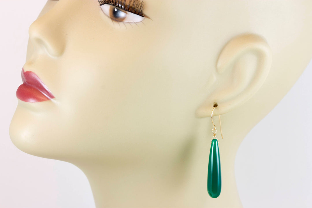 Green Onyx Earrings Smooth Long AAA Drop Dangle Large Narrow Teardrop Sterling Silver or 14k Gold Filled Rich Emerald Green Color Drops