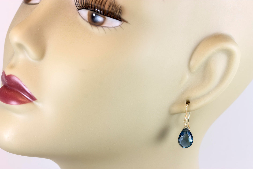 London Blue Topaz Earrings Real Faceted Briolette  Drops Sterling Silver or 14k Solid Gold or Filled Simple Classic Natural Topaz Smokey
