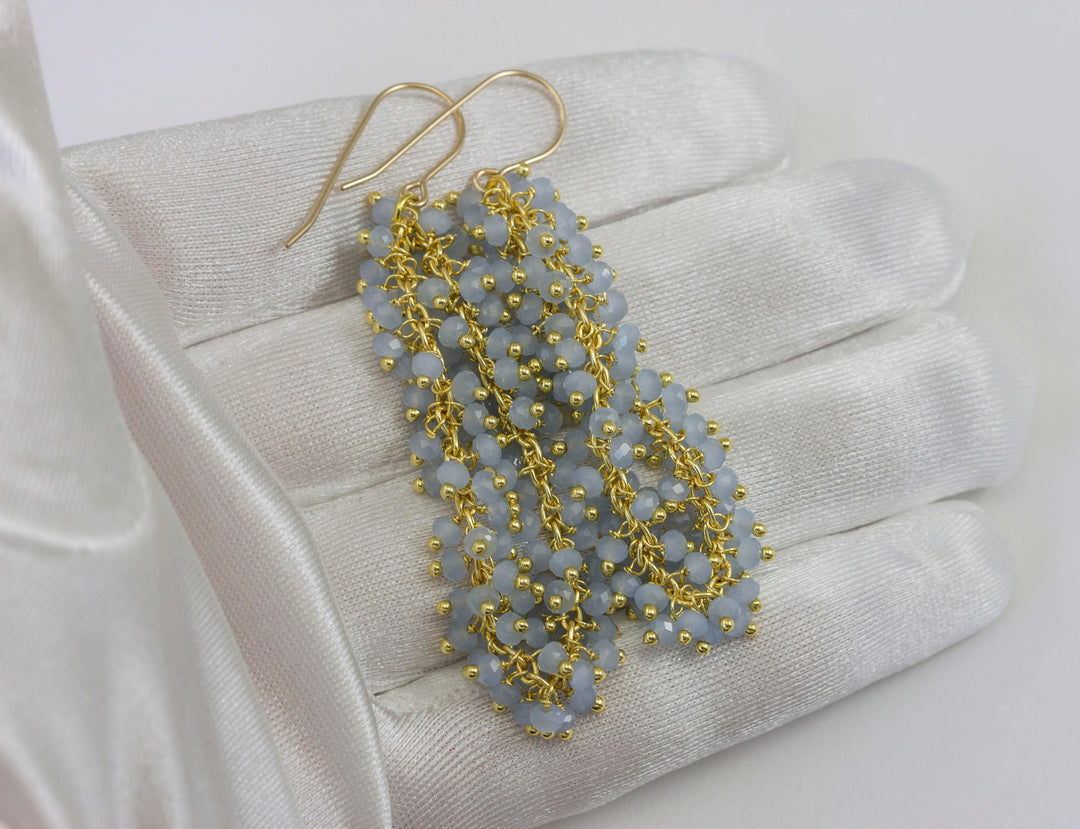 Aqua Blue or Pink Chalcedony Earrings 14k Gold Filled Long Beaded Faceted Dense Clusters 2.5 Inches  Multiple Stones Chandelier Style