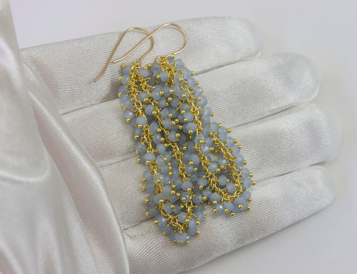 Aqua Blue or Pink Chalcedony Earrings 14k Gold Filled Long Beaded Faceted Dense Clusters 2.5 Inches  Multiple Stones Chandelier Style
