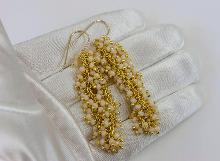 Aqua Blue or Pink Chalcedony Earrings 14k Gold Filled Long Beaded Faceted Dense Clusters 2.5 Inches  Multiple Stones Chandelier Style