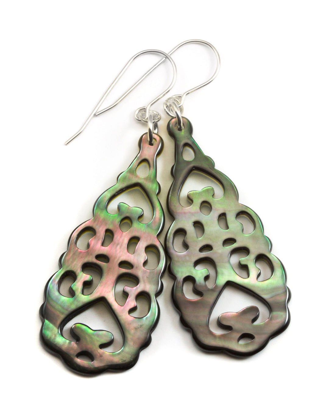 Mother of Pearl Earrings Peacock Black Shell Carved Relief Teardrop Natural 14k Gold Filled or Sterling Silver Large Luster MOP  2.4 Inches