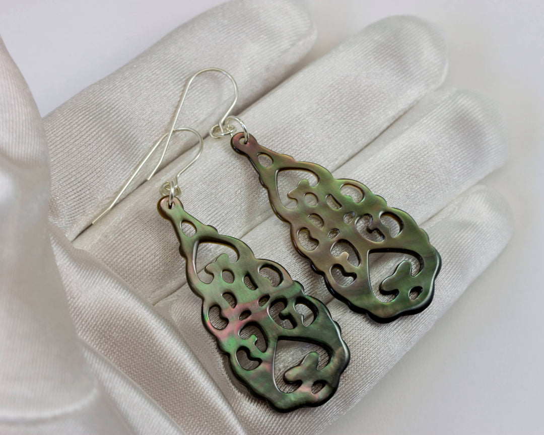 Mother of Pearl Earrings Peacock Black Shell Carved Relief Teardrop Natural 14k Gold Filled or Sterling Silver Large Luster MOP  2.4 Inches