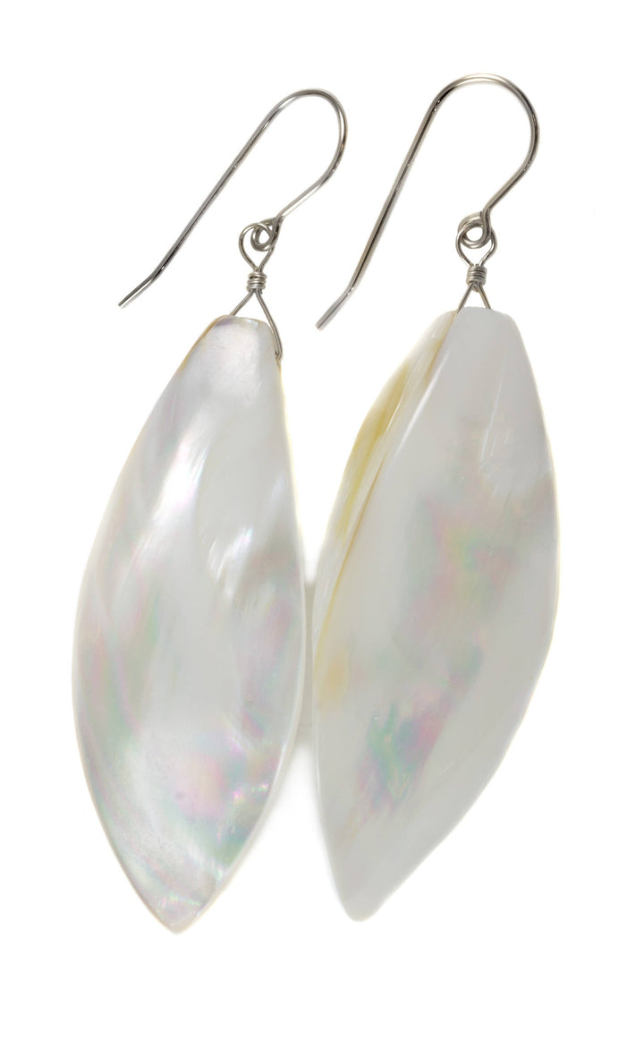 Mother of Pearl Earrings White Shell 14k Gold or Filled or Sterling Silver Natural Curved Shell Long 2 1/2 Inch Drops Large Simple Drops MOP