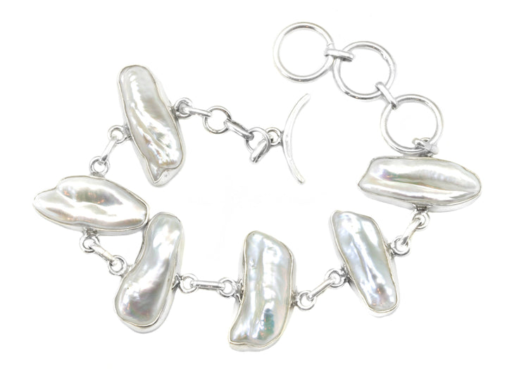 Sterling Silver Freshwater Cultured Pearl Bracelet Baroque White Adjustable Toggle Clasp 6 7 Inches Inch Bezel Set Nice Luster Elongated