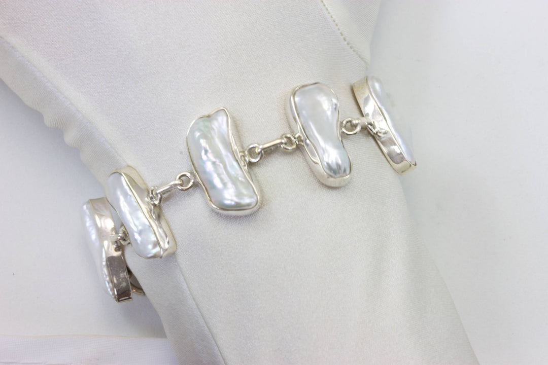 Sterling Silver Freshwater Cultured Pearl Bracelet Baroque White Adjustable Toggle Clasp 6 7 Inches Inch Bezel Set Nice Luster Elongated