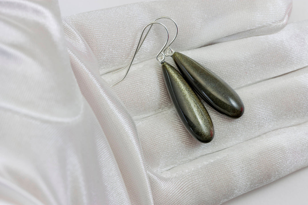 Black Obsidian Earrings Long Smooth Drop Sterling Silver or 14k Gold Filled or Solid 14k Gold Real Natural Simple Puffed Teardrops Shimmery