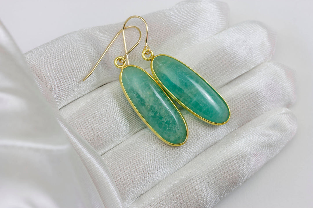 Amazonite Earrings Blue Green Smooth Long Oval Bezel Set 14k Solid Gold or Filled Natural Earthy Simple Casual Wear Spyglass Designs