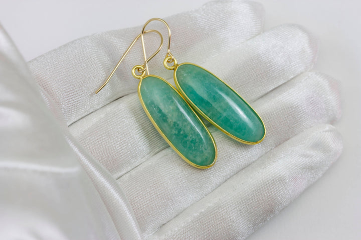 Amazonite Earrings Blue Green Smooth Long Oval Bezel Set 14k Solid Gold or Filled Natural Earthy Simple Casual Wear Spyglass Designs