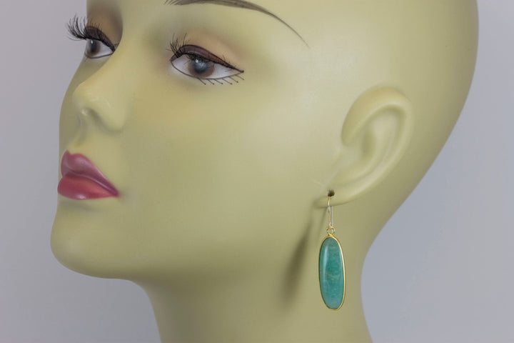 Amazonite Earrings Blue Green Smooth Long Oval Bezel Set 14k Solid Gold or Filled Natural Earthy Simple Casual Wear Spyglass Designs