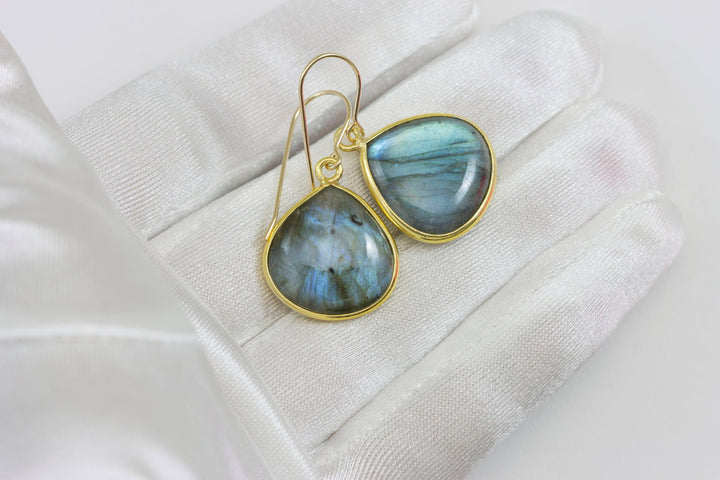 Blue Flash Labradorite Earrings large Simple Drops Bezel Set Smooth Heart Dangle 14k Gold Filled or Sterling Silver Dainty Daily Wear simple