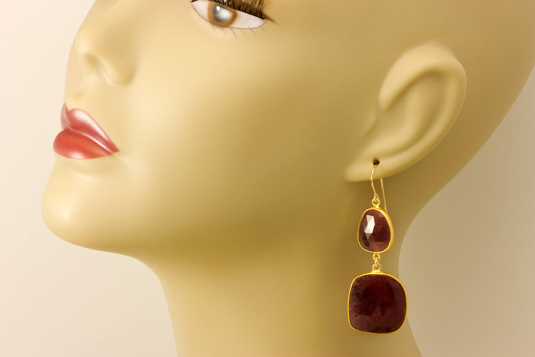 Red Sapphire Earrings Teardrop 14k Gold Filled  Bezel Rectangle Shaped Faceted Simple Double Hung Bezeled Long Drops Natural 2.5 Inch