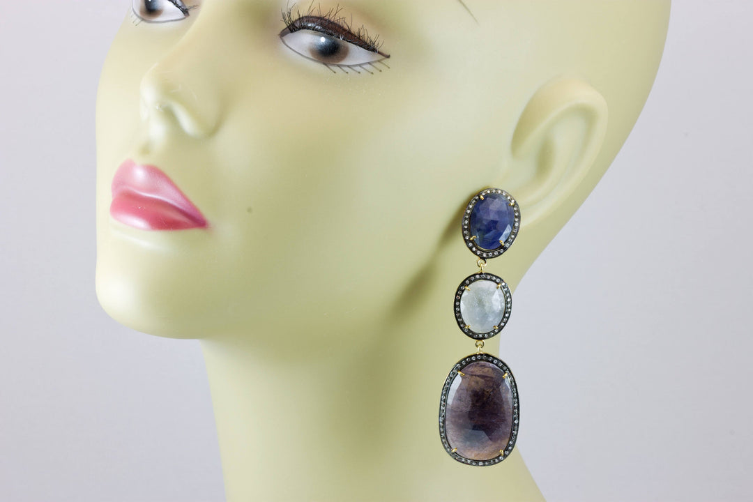 Red Blue White Sapphire Earrings  14k Yellow Gold Bezel Off Round Faceted Topaz Triple Hung  Long Drops Natural 3 Inch Drop Post Stud