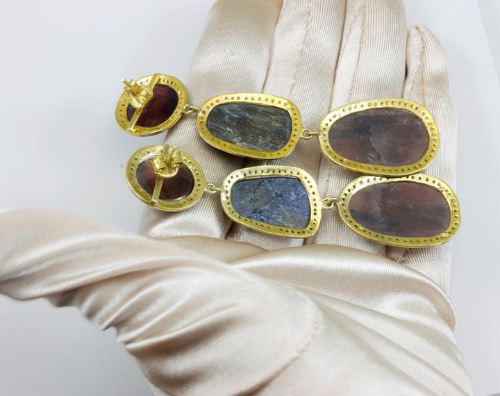 Red Blue Sapphire Earrings  14k Gold Filled  Bezel Off Round Faceted White Topaz Surround Triple Hung  Long Drops Natural 3 Inch Post Stud