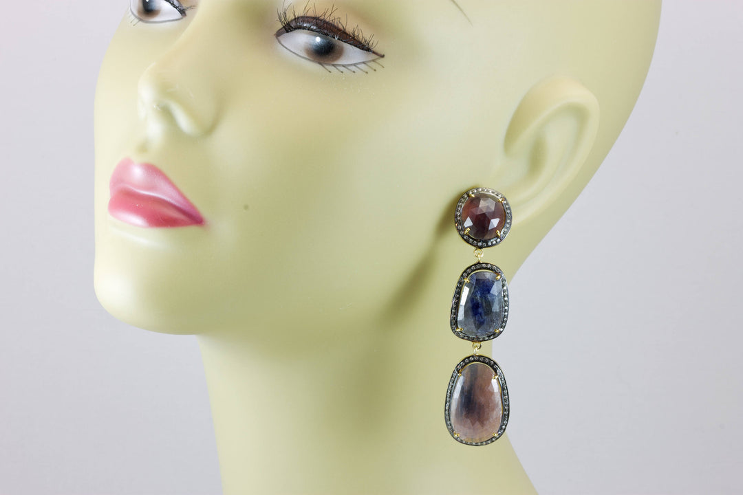 Red Blue Sapphire Earrings  14k Gold Filled  Bezel Off Round Faceted White Topaz Surround Triple Hung  Long Drops Natural 3 Inch Post Stud