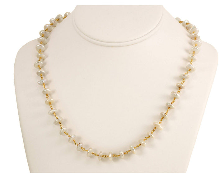 White Button Pearl Necklace Natural Freshwater Cultured Pearls  14k Gold filled Clasp and Plate Chain Link 24 Inches Center Drilled Unique