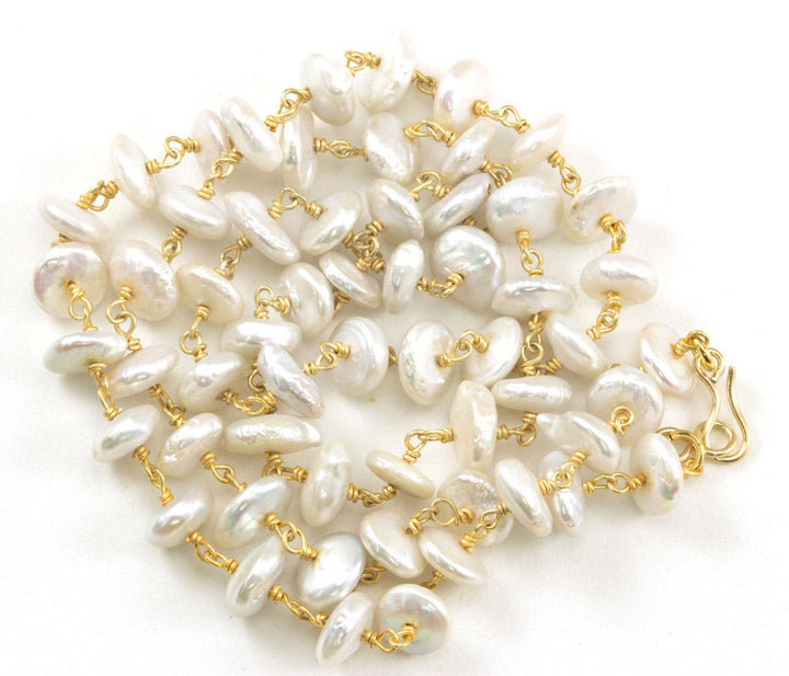 White Button Pearl Necklace Natural Freshwater Cultured Pearls  14k Gold filled Clasp and Plate Chain Link 24 Inches Center Drilled Unique