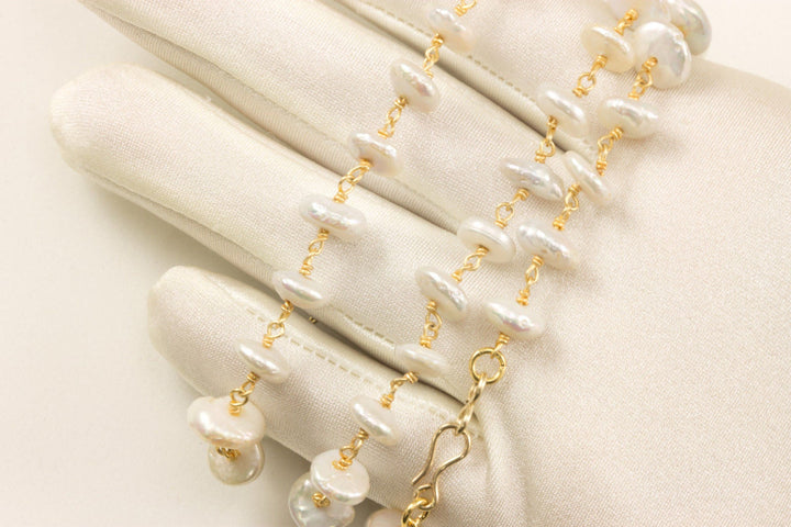 White Button Pearl Necklace Natural Freshwater Cultured Pearls  14k Gold filled Clasp and Plate Chain Link 24 Inches Center Drilled Unique